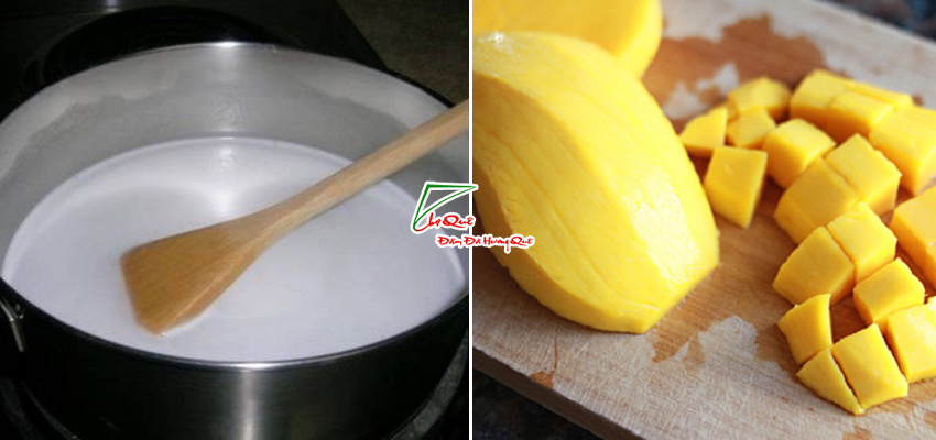 Nấu nước cốt dừa v&agrave; chuẩn bị xo&agrave;i ch&iacute;n